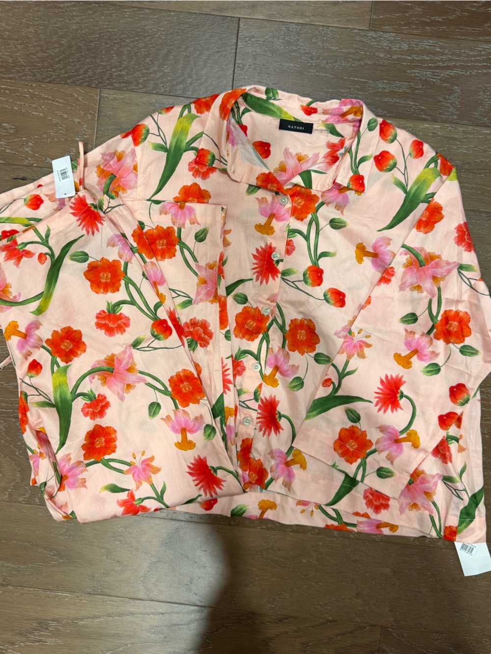 Natori Pink Floral Button-Front Pajama Set  Red & Green Soft and Comfy Cotton